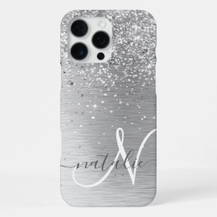 Funda Para iPhone 16 Pro Max Monograma de nombre con brillo de metal cepillado