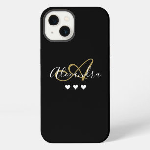 Monograma de nombre con corazones negros dorados