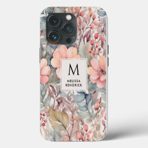 Funda Para iPhone 13 Pro Monograma de nombre de acuarela de flores silvestr