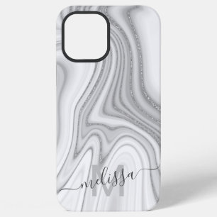 Funda Para iPhone 12 Pro Max Monograma de nombre de mármol de brillo plateado d