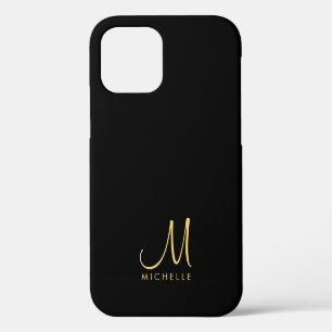 Funda Para iPhone 12 Pro Monograma de nombre escrito a mano negro y oro per
