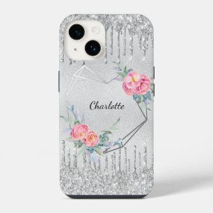 Funda Para iPhone 14 Monograma de nombre floral con brillo rosa rubor p