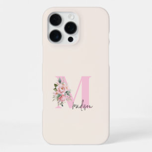 Funda Para iPhone 16 Pro Max Monograma De Nombre Inicial Floral Rosa Elegante M