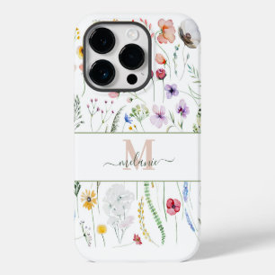 Funda Para iPhone 14 Pro Monograma de nombre personalizado Boho Wildflowers