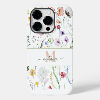 Funda Para iPhone 14 Pro Monograma de nombre personalizado Boho Wildflowers