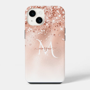Funda Para iPhone 14 Monograma de oro de Rosa Peach purpurina