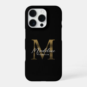 Funda Para iPhone 16 Pro Monograma de oro negro metálico con guión de estil
