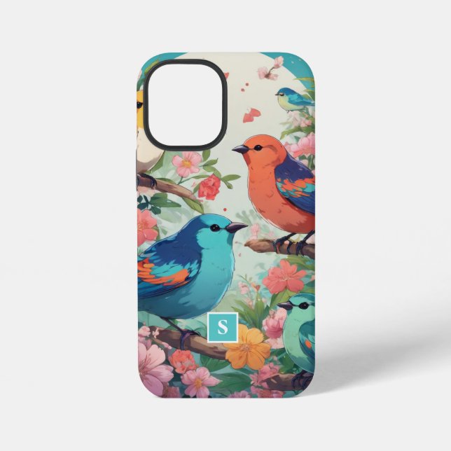 Funda Para iPhone Monograma de patrón botánico de aves florales vene (Reverso )