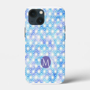 Funda Para iPhone 13 Mini Monograma de Patrón de Cuadrícula Geométrica Azul 