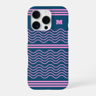 Funda Para iPhone 16 Pro Monograma de patrón de franjas onduladas azul y ro