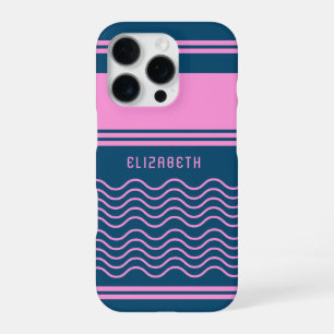 Funda Para iPhone 16 Pro Monograma de patrón de franjas onduladas azul y ro