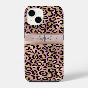 Funda Para iPhone 14 Monograma de Patrón de Leopardo Rosa Dorado Negro