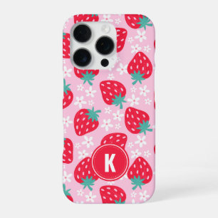 Funda Para iPhone 16 Pro Monograma de patrón floral de fresas rojas rosadas