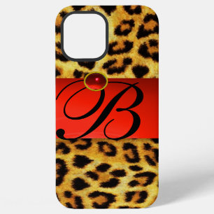 FUNDA PARA iPhone 12 PRO MAX MONOGRAMA DE PIEDRA PRECIOSA RUBÍ ROJO DE PIEL DE 