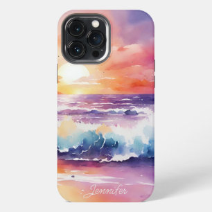 Funda Para iPhone 13 Pro Max Monograma de playa al atardecer en acuarela