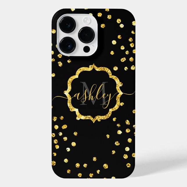 Funda Para iPhone Monograma de puntos Purpurinas dorados (Reverso)