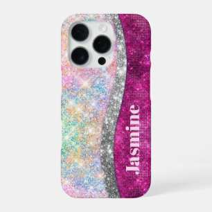 Funda Para iPhone 16 Pro Monograma de purpurina de imitación plateado rosad