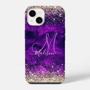 Funda Para iPhone 14 Monograma de purpurina falsa dorada morada linda
