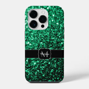 Funda Para iPhone 14 Pro Monograma de purpurina falsa verde esmeralda