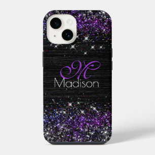Funda Para iPhone 14 Monograma de purpurina metalizado morado cepillado
