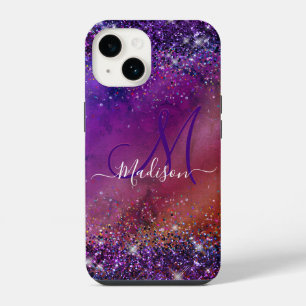 Funda Para iPhone 14 Monograma de purpurina metalizado púrpura cepillad