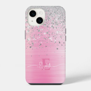 Funda Para iPhone 14 Monograma de Purpurina plateado Metalizado cepilla