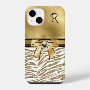 Funda Para iPhone 14 Monograma de rayas de cebra Glam Gold