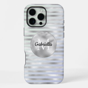 Funda Para iPhone 16 Pro Max Monograma de rayas plateadas Mint Lavender
