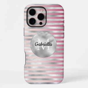 Funda Para iPhone 16 Pro Max Monograma de rayas Rubor plateadas rosadas