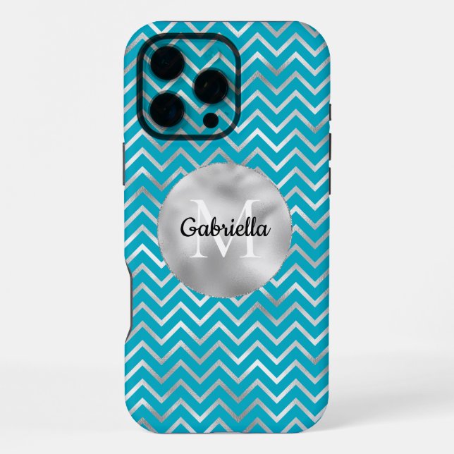 Funda Para iPhone Monograma de Rayas Zigzag de Plata y Aguamarina (Reverso )
