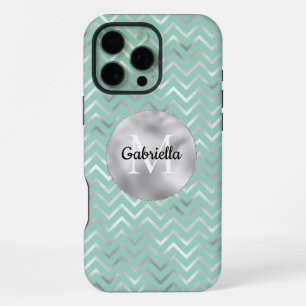 Funda Para iPhone 16 Pro Max Monograma de rayas zigzag plateadas menta