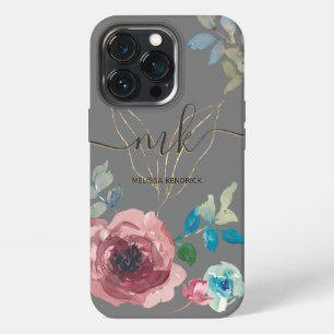 Funda Para iPhone 13 Pro Monograma de rosas florales botánicas gris elegant