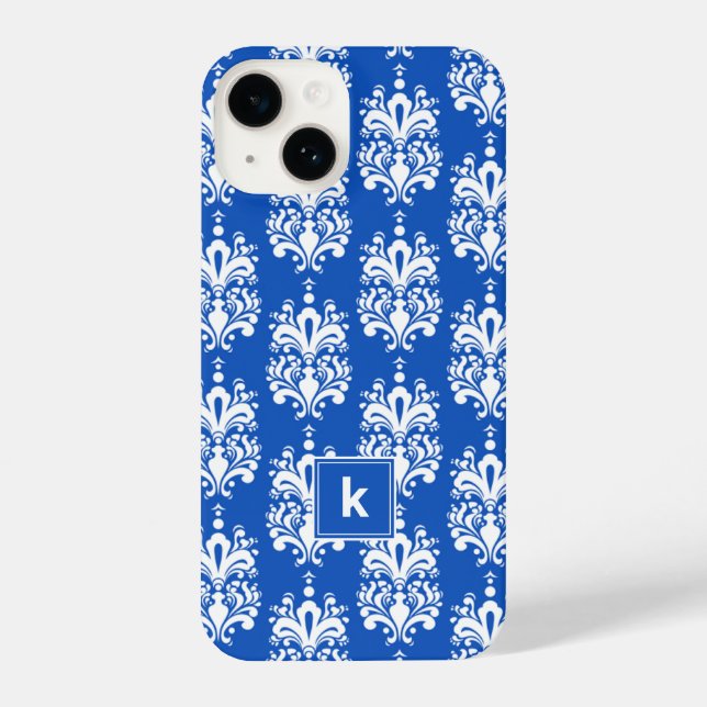 Funda Para iPhone Monograma del patrón de damasco azul de zafiro (Reverso )