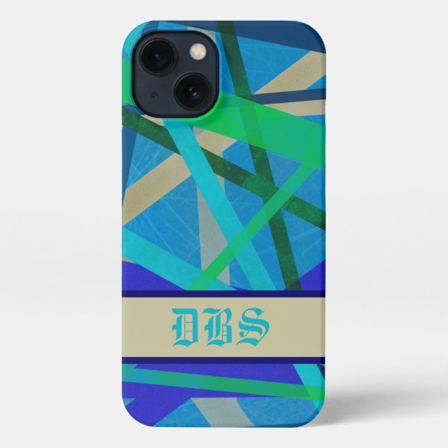 Funda Para iPhone Monograma del patrón geométrico azul y verde (Reverso )