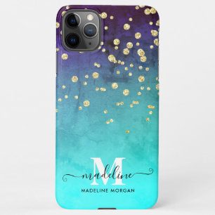 Funda Para iPhone 11Pro Max Monograma del purpurina del brillo de oro azul mar