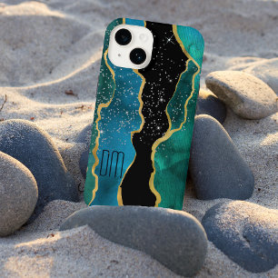 Funda Para iPhone 14 Monograma destello de ágata azul verdoso con borde