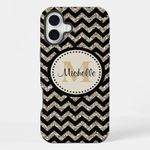 Funda Para iPhone 16 Plus Monograma dorado negro de chevron plateado