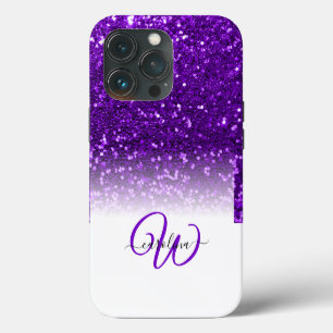 Funda Para iPhone 13 Pro Monograma elegante con brillo morado nombre blanco