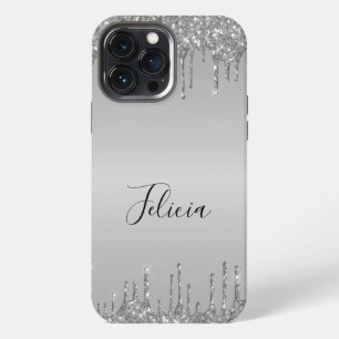 Funda Para iPhone 13 Pro Max Monograma Elegante de Brillo Goteado de Plata