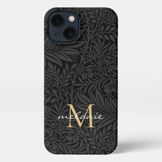 Funda Para iPhone Monograma elegante de escritura floral de oro negr (Reverso )