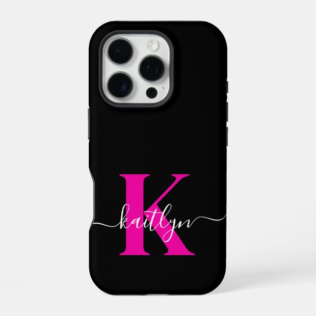 Funda Para iPhone Monograma Elegante de Negro y Rosa Script (Reverso )