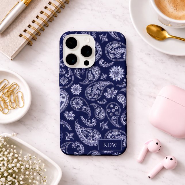 Funda Para iPhone Monograma elegante de paisley azul (Subido por el creador)