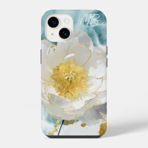 Funda Para iPhone 14 Monograma Elegante Flor Blanca Sencilla Acuarela