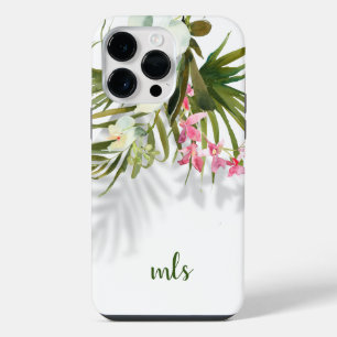 Funda Para iPhone 14 Pro Max Monograma Elegante Flores Rosadas Tropicales Palme