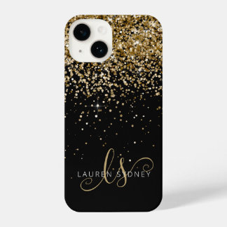 Funda Para iPhone 14 Monograma elegante Purpurina Glam Gold