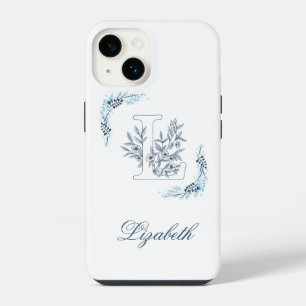 Funda Para iPhone 14 Monograma floral azul inicial "L" sereno