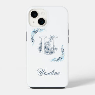 Funda Para iPhone 14 Monograma floral azul inicial "U" sereno