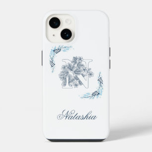 Funda Para iPhone 14 Monograma floral calmado de "N" azul inicial