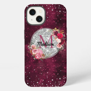 Monograma floral de Burgundy con brillo de plata c