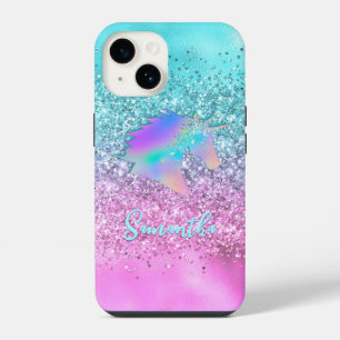 Funda Para iPhone 14 Monograma glam Chic Aqua Pink Unicorn Glitter